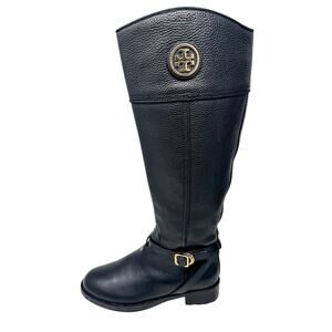Tory Burch Teresa Black Leather Riding Boots classic logo equestrian size 7.5